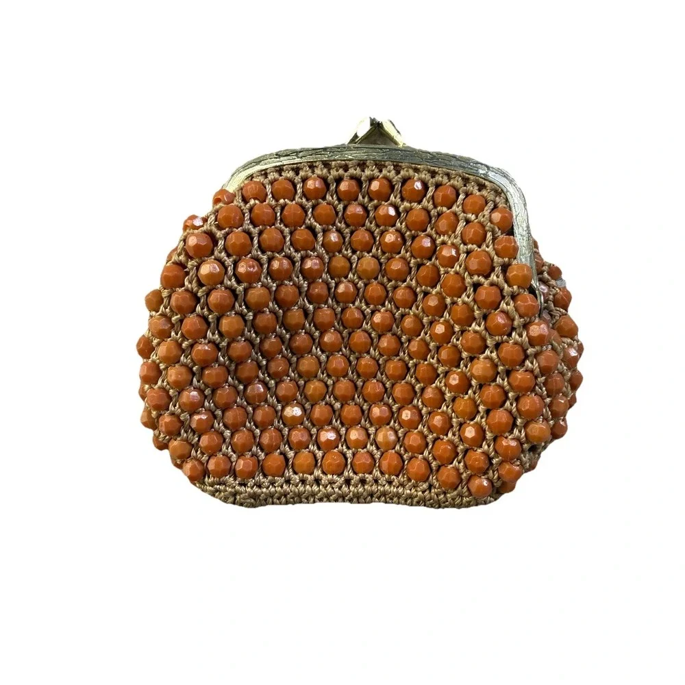 Vintage‎ Amber Colored Beaded Crocheted Coin Purse Kiss Lock Closure